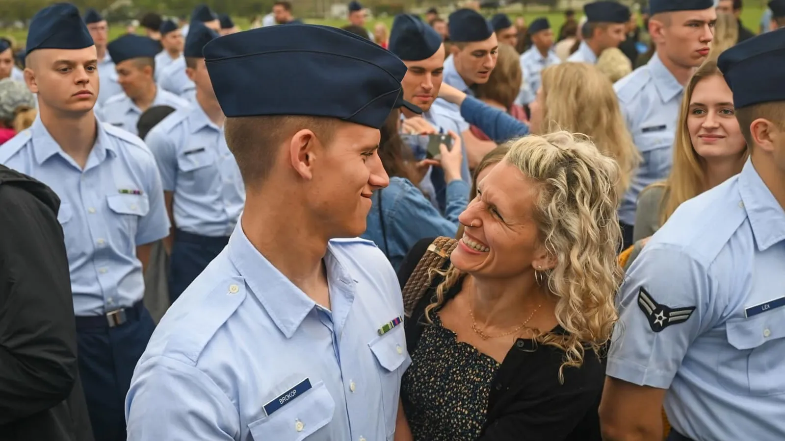 Wesley Brokop and his mother, Ashley Brokop happily hugging after basic training